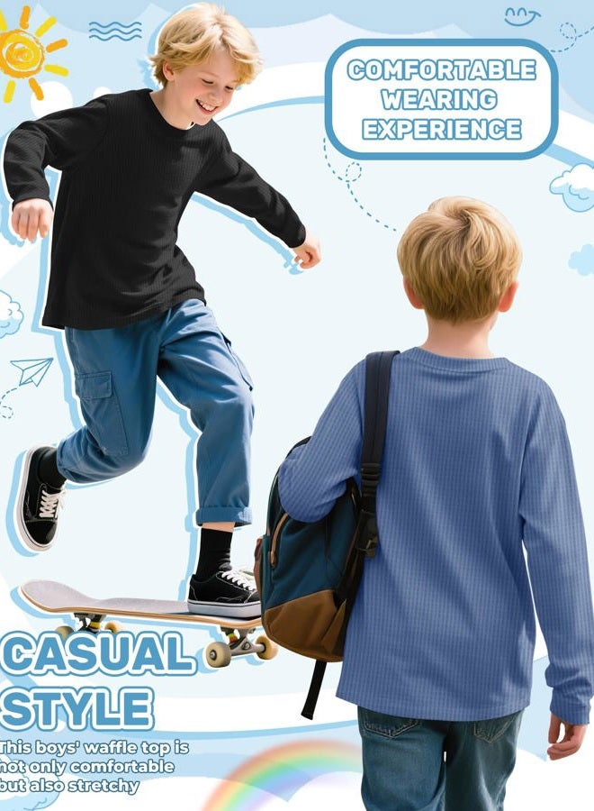 LessonZoo 3 Pack Boys Waffle Long Sleeve T-Shirts 5-14 Years, Cotton Thermal Crewneck Tops Kids Fall Warm Shirts Basic Tees, Haze Blue, Gray, Black, 7-8 Years - Image 2