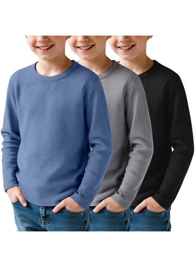 LessonZoo 3 Pack Boys Waffle Long Sleeve T-Shirts 5-14 Years, Cotton Thermal Crewneck Tops Kids Fall Warm Shirts Basic Tees, Haze Blue, Gray, Black, 7-8 Years - Image 1