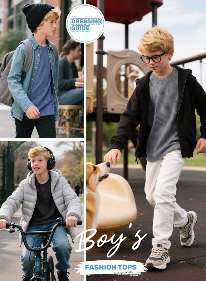 LessonZoo 3 Pack Boys Waffle Long Sleeve T-Shirts 5-14 Years, Cotton Thermal Crewneck Tops Kids Fall Warm Shirts Basic Tees, Haze Blue, Gray, Black, 7-8 Years - Image 4