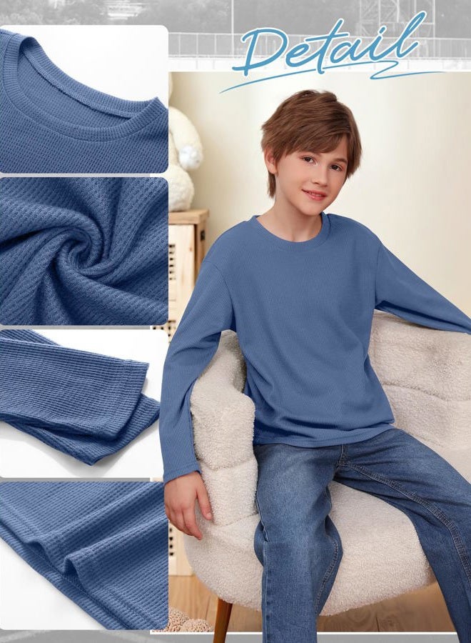 LessonZoo 3 Pack Boys Waffle Long Sleeve T-Shirts 5-14 Years, Cotton Thermal Crewneck Tops Kids Fall Warm Shirts Basic Tees, Haze Blue, Gray, Black, 7-8 Years - Image 5