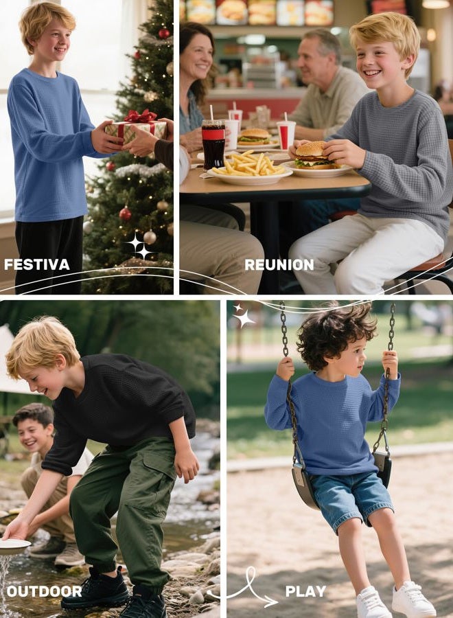 LessonZoo 3 Pack Boys Waffle Long Sleeve T-Shirts 5-14 Years, Cotton Thermal Crewneck Tops Kids Fall Warm Shirts Basic Tees, Haze Blue, Gray, Black, 7-8 Years - Image 3