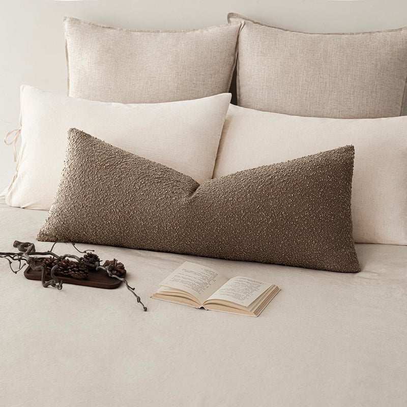 Foindtower Decorative Textured Boucle Throw Pillow Covers Accent Solid Pillow Cases Neutral Long Body Lumbar Couch Cushion Case for Chair Sofa Bedroom Living Room Home Decor 14x36 Inch,1PC,Light Brown - Image 1