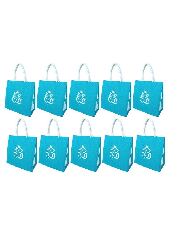 Soman Jute Ecofriendly Return Gift Bags Ganesha Printed with Zip Blue Pack of 10 Bags - Image 1