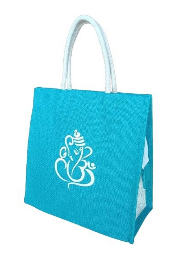 Soman Jute Ecofriendly Return Gift Bags Ganesha Printed with Zip Blue Pack of 10 Bags - Image 2