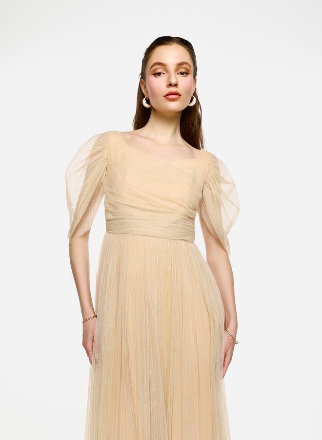 House of Moda Puff Sleeves Pleated Tulle Maxi Dress - Image 4