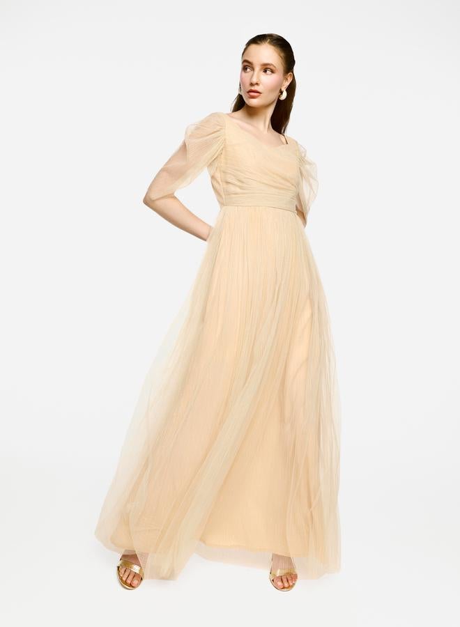 House of Moda Puff Sleeves Pleated Tulle Maxi Dress - Image 3