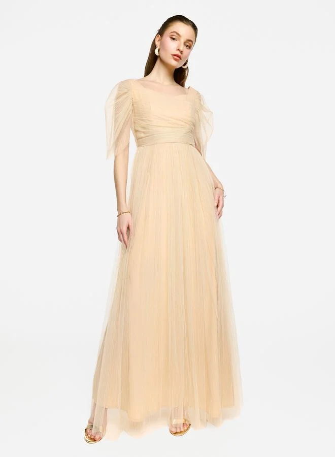 House of Moda House of Moda Puff Sleeves Pleated Tulle Maxi Dress