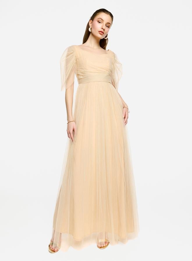 House of Moda Puff Sleeves Pleated Tulle Maxi Dress - Image 1