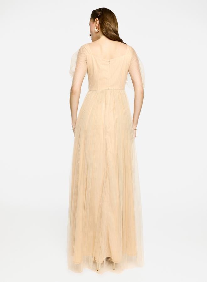 House of Moda Puff Sleeves Pleated Tulle Maxi Dress - Image 5