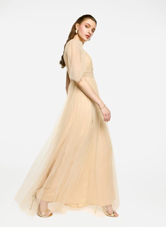 House of Moda House of Moda Puff Sleeves Pleated Tulle Maxi Dress