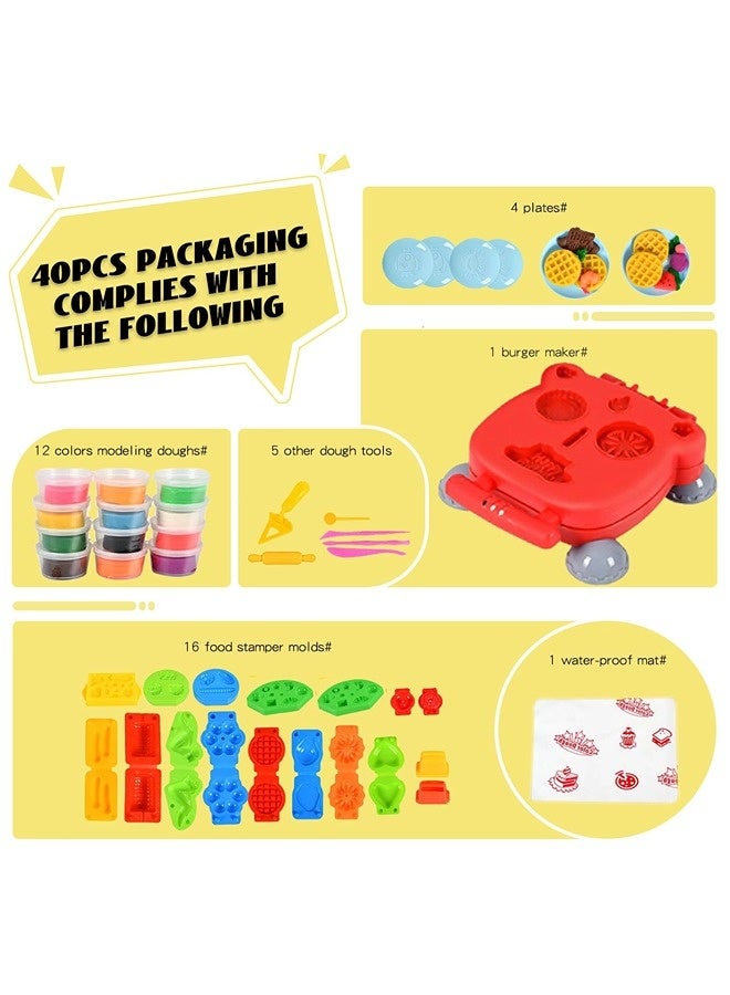 Vixplorn Kitchen toys, role-playing toys, creative clay toy set, waffle, pizza, and hamburger makers, toy chef role-playing food modeling tool set, includes 12 colors of clay, suitable for boys and girls, Easter or birthday gift (40 pieces). - Image 4