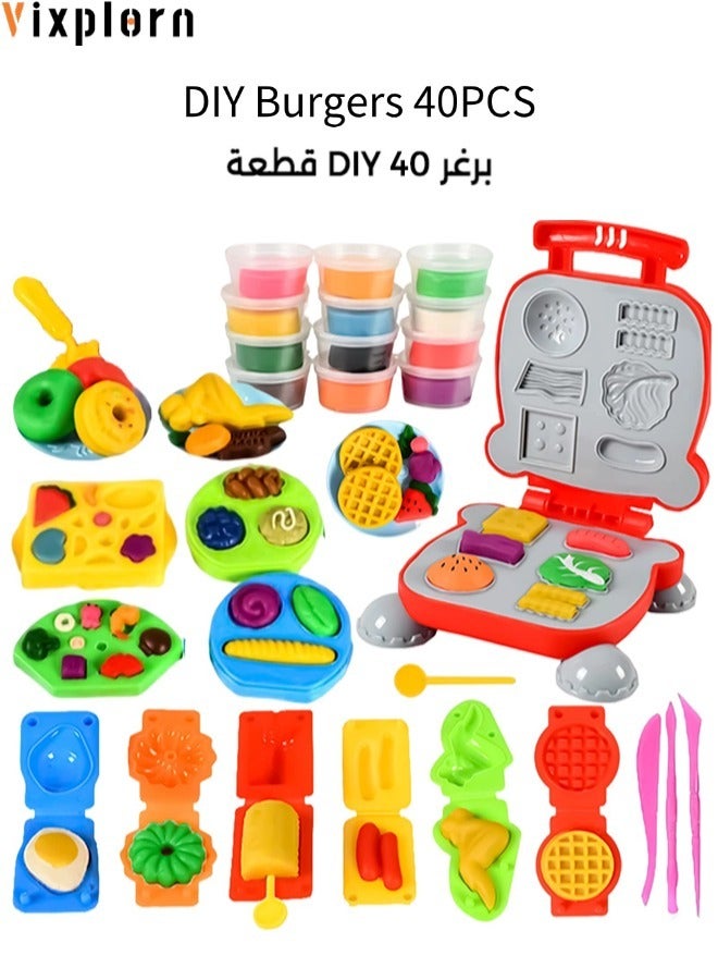 Vixplorn Kitchen toys, role-playing toys, creative clay toy set, waffle, pizza, and hamburger makers, toy chef role-playing food modeling tool set, includes 12 colors of clay, suitable for boys and girls, Easter or birthday gift (40 pieces). - Image 1