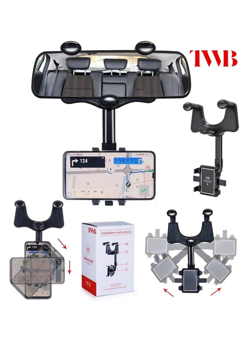 TWB - Rear View Mirror mobile phone Holder with adjustable arm Length 360° Rotatable and Retractable Car Phone Holder, Multifunctional Car Cell Phone Holder Mount, Easy to Install and Remove, All Mobiles - Image 1