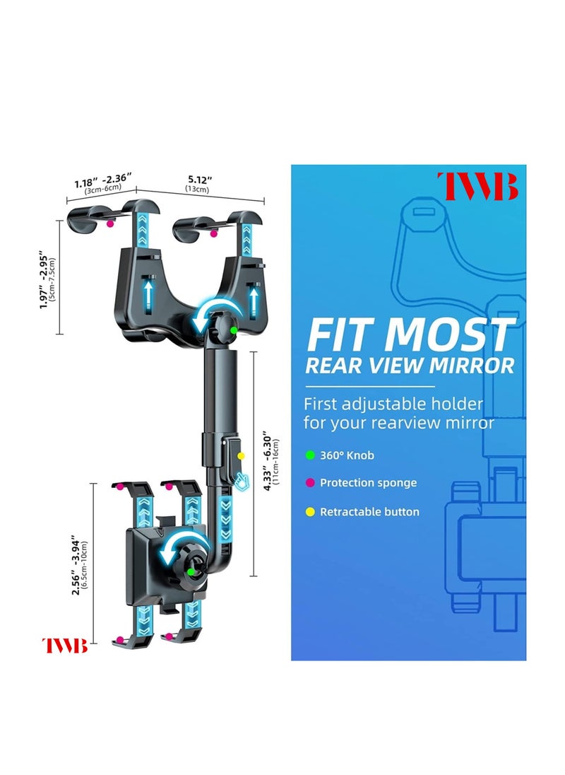TWB - Rear View Mirror mobile phone Holder with adjustable arm Length 360° Rotatable and Retractable Car Phone Holder, Multifunctional Car Cell Phone Holder Mount, Easy to Install and Remove, All Mobiles - Image 1