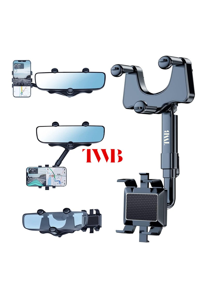 TWB - Rear View Mirror mobile phone Holder with adjustable arm Length 360° Rotatable and Retractable Car Phone Holder, Multifunctional Car Cell Phone Holder Mount, Easy to Install and Remove, All Mobiles - Image 1