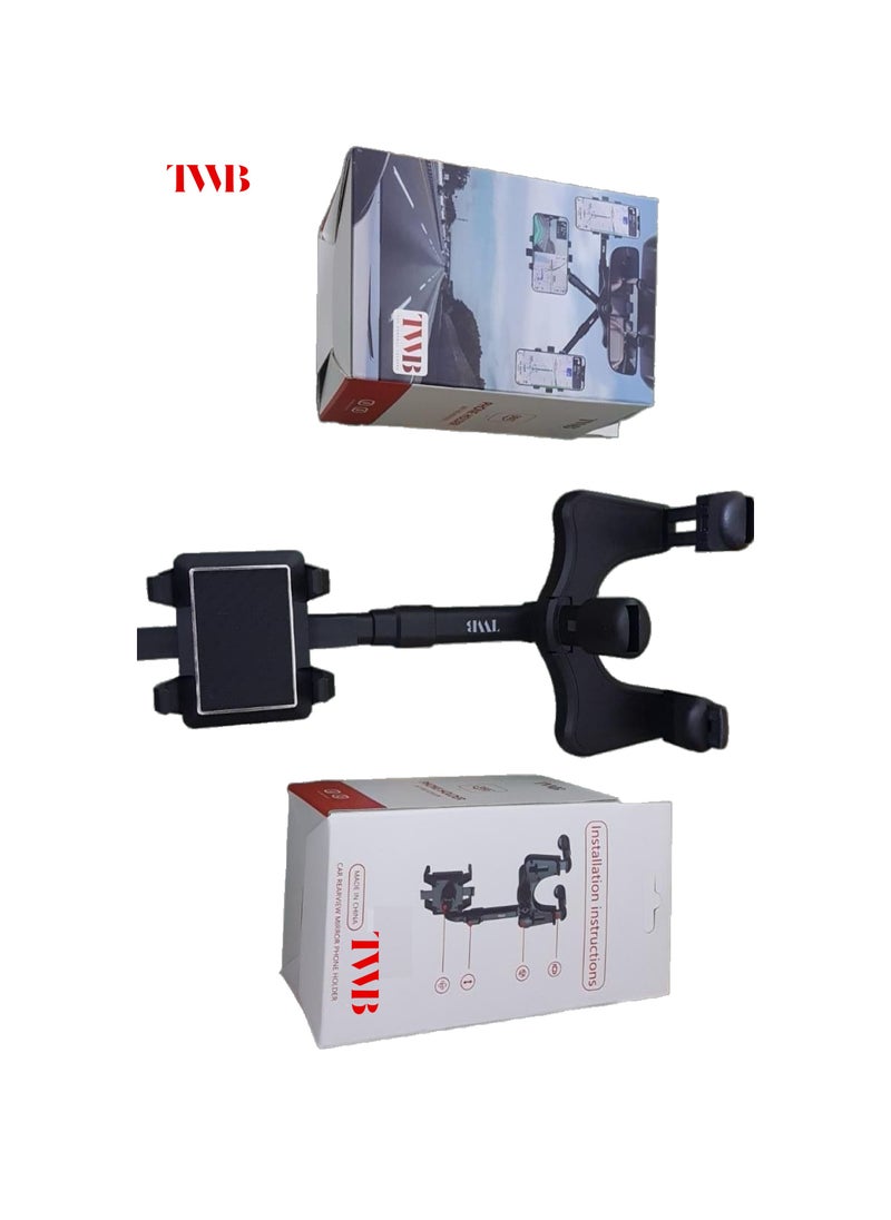 TWB - Rear View Mirror mobile phone Holder with adjustable arm Length 360° Rotatable and Retractable Car Phone Holder, Multifunctional Car Cell Phone Holder Mount, Easy to Install and Remove, All Mobiles - Image 1