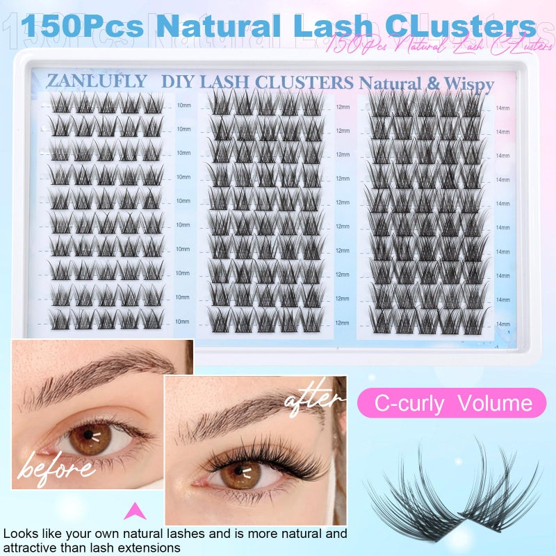 zanlufly Lash Clusters Wispy Eyelash Clusters Natural C-Curly Cluster Lashes zanlufly Wispy Individual Lashes 150Pcs Eyelash Extension 10 12 14MM DIY Lash Extensional Lash Clusters - Image 5