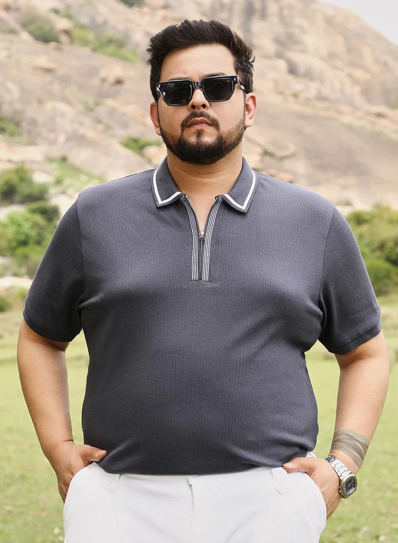 Instafab Plus Instafab Men's Moon Grey Solid Waffle Half-Zip Polo T-Shirt | Tipping Polo Collar , Short Ribbed Cuff Sleeves , Half-Zipper Closure | Solid Waffle | Cotton-Blend T-Shirt For Casual Wear