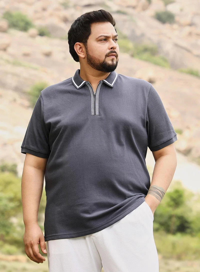 Instafab Plus Instafab Men's Moon Grey Solid Waffle Half-Zip Polo T-Shirt | Tipping Polo Collar , Short Ribbed Cuff Sleeves , Half-Zipper Closure | Solid Waffle | Cotton-Blend T-Shirt For Casual Wear