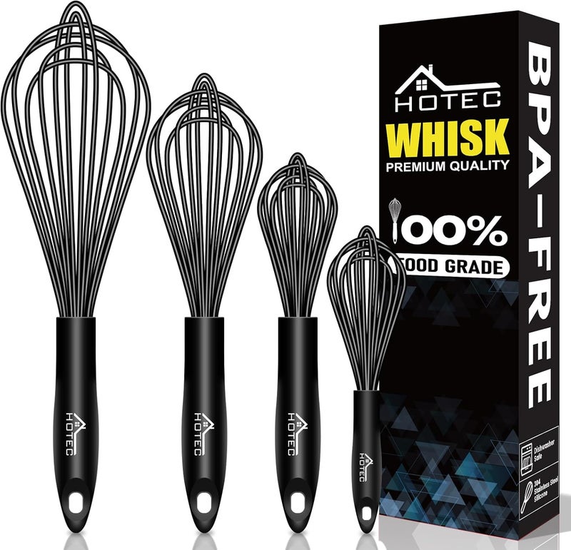 hotec 4 Pieces Silicone Whisks Set, Wire Balloon Whisks Egg Beater, Non-slip Handle Whisk for Non-stick Cookware Perfect for Cooking, Stirring, Beating and Blending (Black) - Image 1