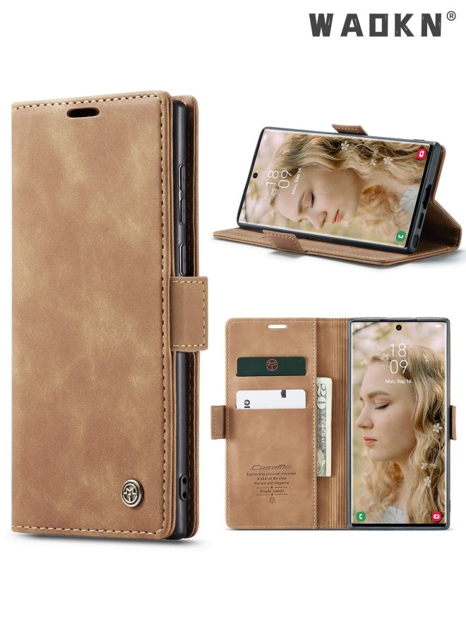 WAOKN For Samsung Galaxy S22 Ultra Case, Luxury Leather Wallet Cover, Leather Wallet Case Classic Design with Card Slot and Magnetic Flip Flip Folding Case Brown  - Image 1