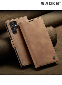 WAOKN For Samsung Galaxy S22 Ultra Case, Luxury Leather Wallet Cover, Leather Wallet Case Classic Design with Card Slot and Magnetic Flip Flip Folding Case Brown  - Image 2
