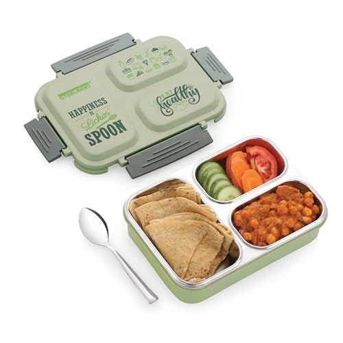 STEELLOCK Smartmeal 3 Partition Stainless Steel Insulated Tiffin For Kids&Adults With Spoon|Leak-Proof Lunch Box With Silicone Gasket Lid|Bento Box For School,Boys,Girls&Office 600 ML - Green. - Image 1