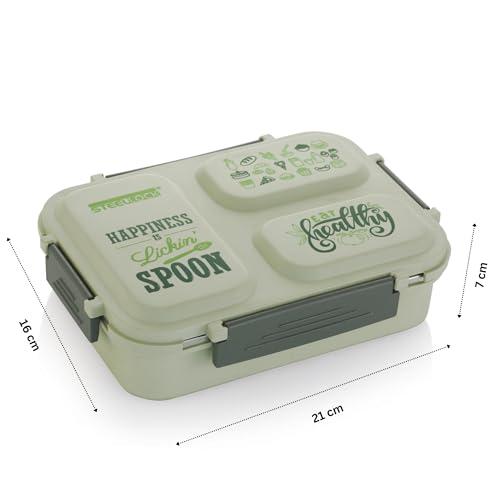 STEELLOCK Smartmeal 3 Partition Stainless Steel Insulated Tiffin For Kids&Adults With Spoon|Leak-Proof Lunch Box With Silicone Gasket Lid|Bento Box For School,Boys,Girls&Office 600 ML - Green. - Image 3