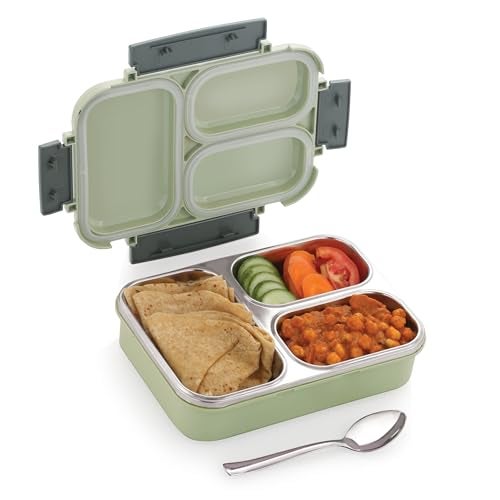 STEELLOCK Smartmeal 3 Partition Stainless Steel Insulated Tiffin For Kids&Adults With Spoon|Leak-Proof Lunch Box With Silicone Gasket Lid|Bento Box For School,Boys,Girls&Office 600 ML - Green. - Image 4