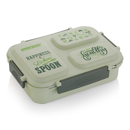 STEELLOCK Smartmeal 3 Partition Stainless Steel Insulated Tiffin For Kids&Adults With Spoon|Leak-Proof Lunch Box With Silicone Gasket Lid|Bento Box For School,Boys,Girls&Office 600 ML - Green. - Image 5
