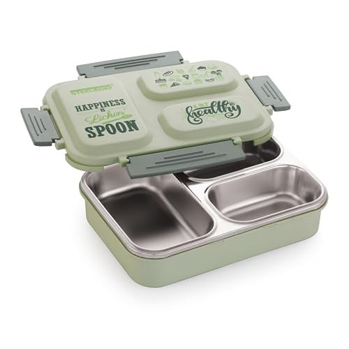 STEELLOCK Smartmeal 3 Partition Stainless Steel Insulated Tiffin For Kids&Adults With Spoon|Leak-Proof Lunch Box With Silicone Gasket Lid|Bento Box For School,Boys,Girls&Office 600 ML - Green. - Image 2