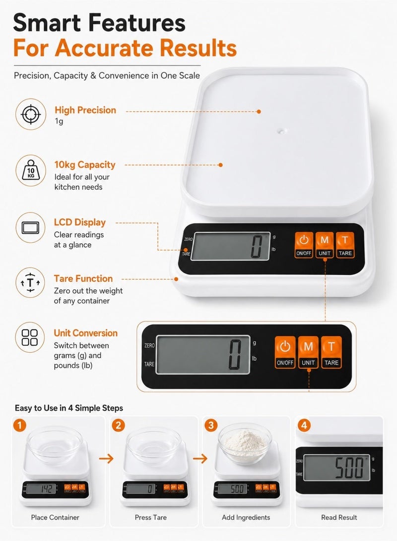 Leoxol Digital Kitchen Scale 10000g | LCD Display Food Weighing Scale | 1g Accuracy | Bowl Included Counter Scale With Tare Function For Cooking Baking Meal Prep - Image 2
