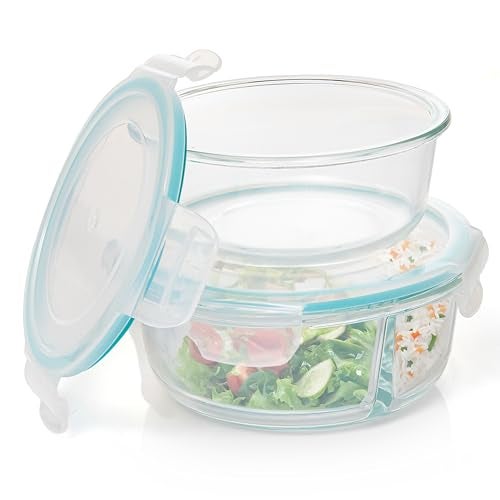 Moss & Stone 4-Pack Round Kitchen Glass Food Storage Containers Set with Lids – Reusable Glass Meal Prep Containers for Kitchen, Lunch or Fridge – Airtight Snap-Lock – Includes 1 Divided & 1 Standard - Image 1