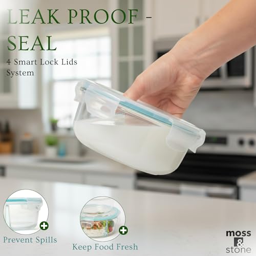 Moss & Stone 4-Pack Round Kitchen Glass Food Storage Containers Set with Lids – Reusable Glass Meal Prep Containers for Kitchen, Lunch or Fridge – Airtight Snap-Lock – Includes 1 Divided & 1 Standard - Image 3