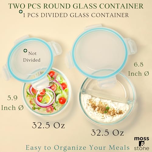 Moss & Stone 4-Pack Round Kitchen Glass Food Storage Containers Set with Lids – Reusable Glass Meal Prep Containers for Kitchen, Lunch or Fridge – Airtight Snap-Lock – Includes 1 Divided & 1 Standard - Image 2