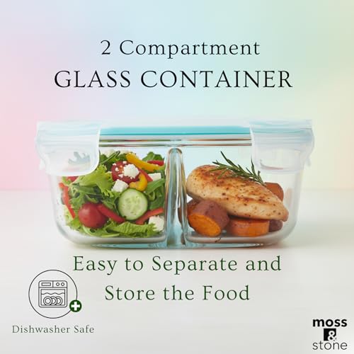 Moss & Stone 4-Pack Round Kitchen Glass Food Storage Containers Set with Lids – Reusable Glass Meal Prep Containers for Kitchen, Lunch or Fridge – Airtight Snap-Lock – Includes 1 Divided & 1 Standard - Image 4