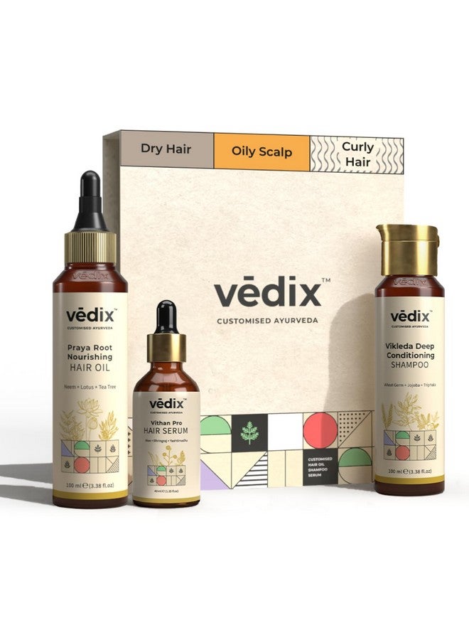 Vedix Customized Hair Fall Control Regimen for Dry Hair - Oily Scalp & Curly Hair - 3 Product Ayurvedic Kit - Anti Hair Fall Oil Neem + Lotus + Anti-Hairfall Shampoo For Dry Hair + Vithan Pro Hair Growth Serum - Image 1