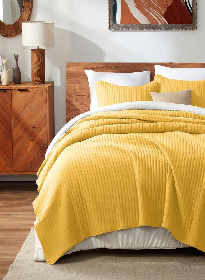 SLEEP ZONE Quilt Sets, King Size Bedspread Bed Coverlets for All Season - Washed Quilt Set - Lightweight Quilt (106x96 inch | 2 Pillow Shams, Mustard Yellow Stripe) - Image 2