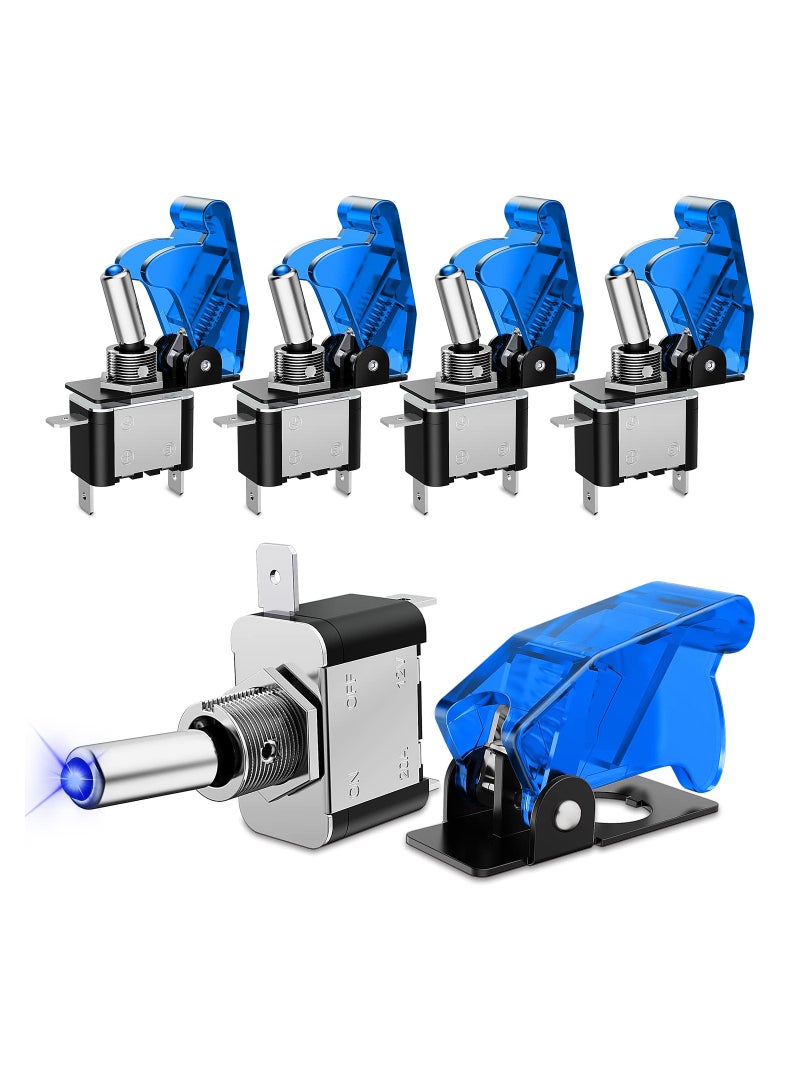 5PCS 12V Blue LED Lighted Toggle Switch with Safety Cover - Heavy Duty 20A SPST 3 Pin Rocker Switch for Automotive, Cars, Trucks, and Boats. - Image 1