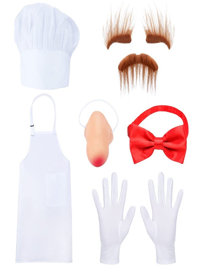 Keymall White Chef Costumes 6 Pieces Including Chef Hat Apron Bow tie Gloves Fake Nose Eyebrows Beard For Halloween Costume (Set A) - Image 1