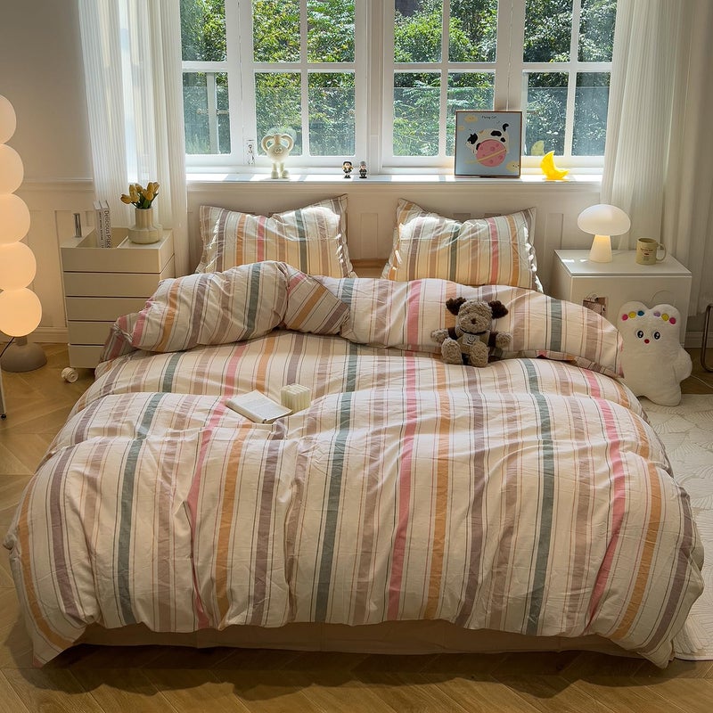 mixinni Vintage Striped Duvet Cover Set King, 3-Piece 100% Washed Cotton Bedding Set - Soft & Breathable Colorful Comforter Cover with Zipper, All-Season Lightweight Bed Set for Cozy Home - Image 2