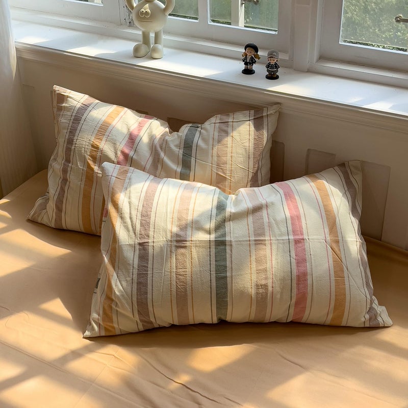 mixinni Vintage Striped Duvet Cover Set King, 3-Piece 100% Washed Cotton Bedding Set - Soft & Breathable Colorful Comforter Cover with Zipper, All-Season Lightweight Bed Set for Cozy Home - Image 4