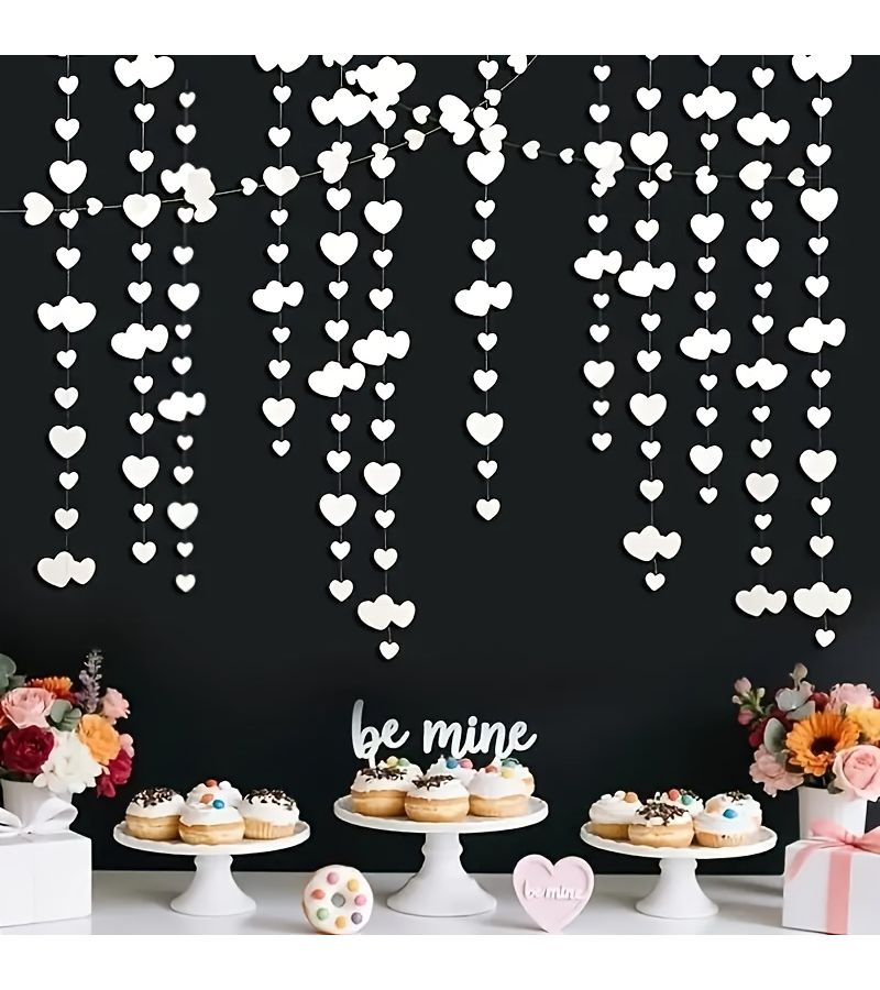 1pc 157.48 Inch White Heart Garland Double-Sided Pearl Paper Latte Art Love Banner Ribbon Elegant Party Room Decor Romantic Wedding Anniversary Mothers Day Valentine Decoration - Image 2