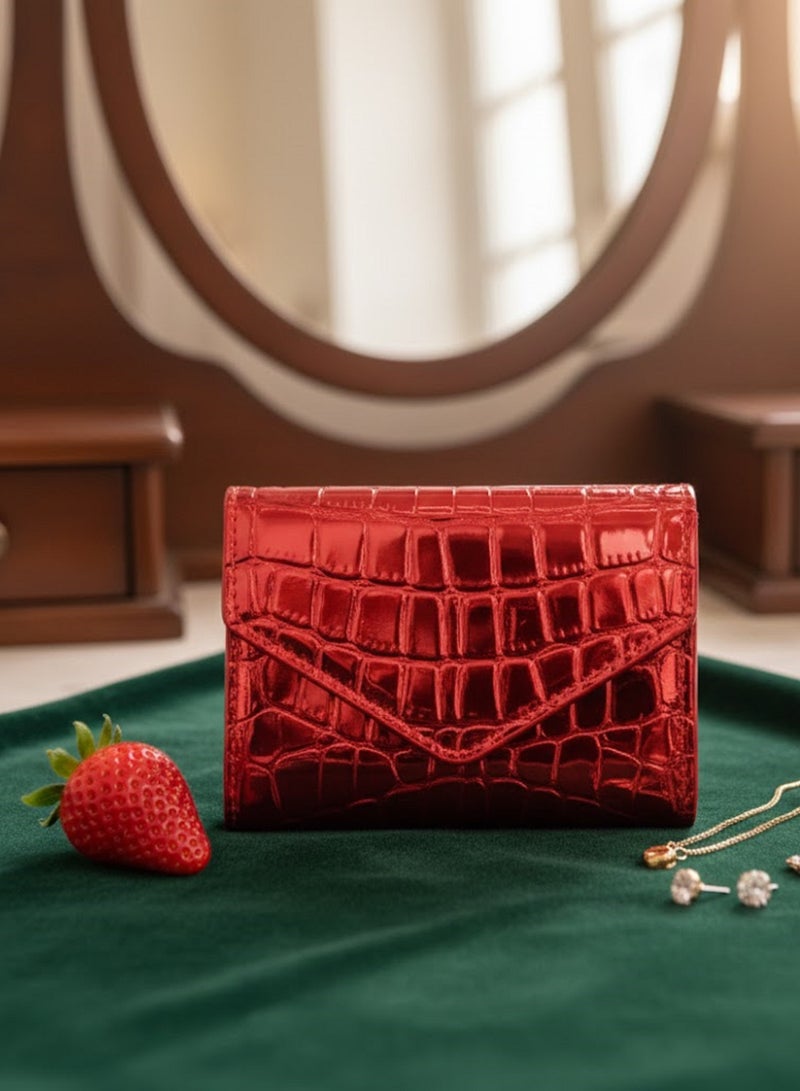 محفظة نسائية فاخرة بنقشة جلد التمساح – تصميم ميني أنيق وصغير الحجم بفتحات متعددة للكروت وجيب للنقود الورقية والعملات المعدنية – خامة جلد متينة لامعة وسهلة الحمل داخل أي شنطة – تنظيم مثالي وراحة يومية في محفظة واحدة مدمجة وعصرية - لون احمر - Image 1