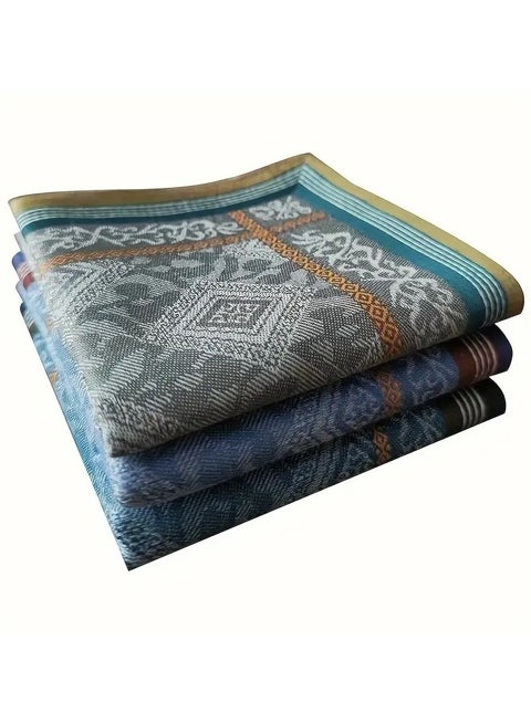 A Set of 3 Pieces of Cotton Men’s Handkerchiefs with Geometric patterns, Men’s Formal handkerchiefs with Closed Ends, Soft and Thick, Opaque and Ideal for Absorbing Sweat and for Daily Use and Occasions, 43 * 43 cm