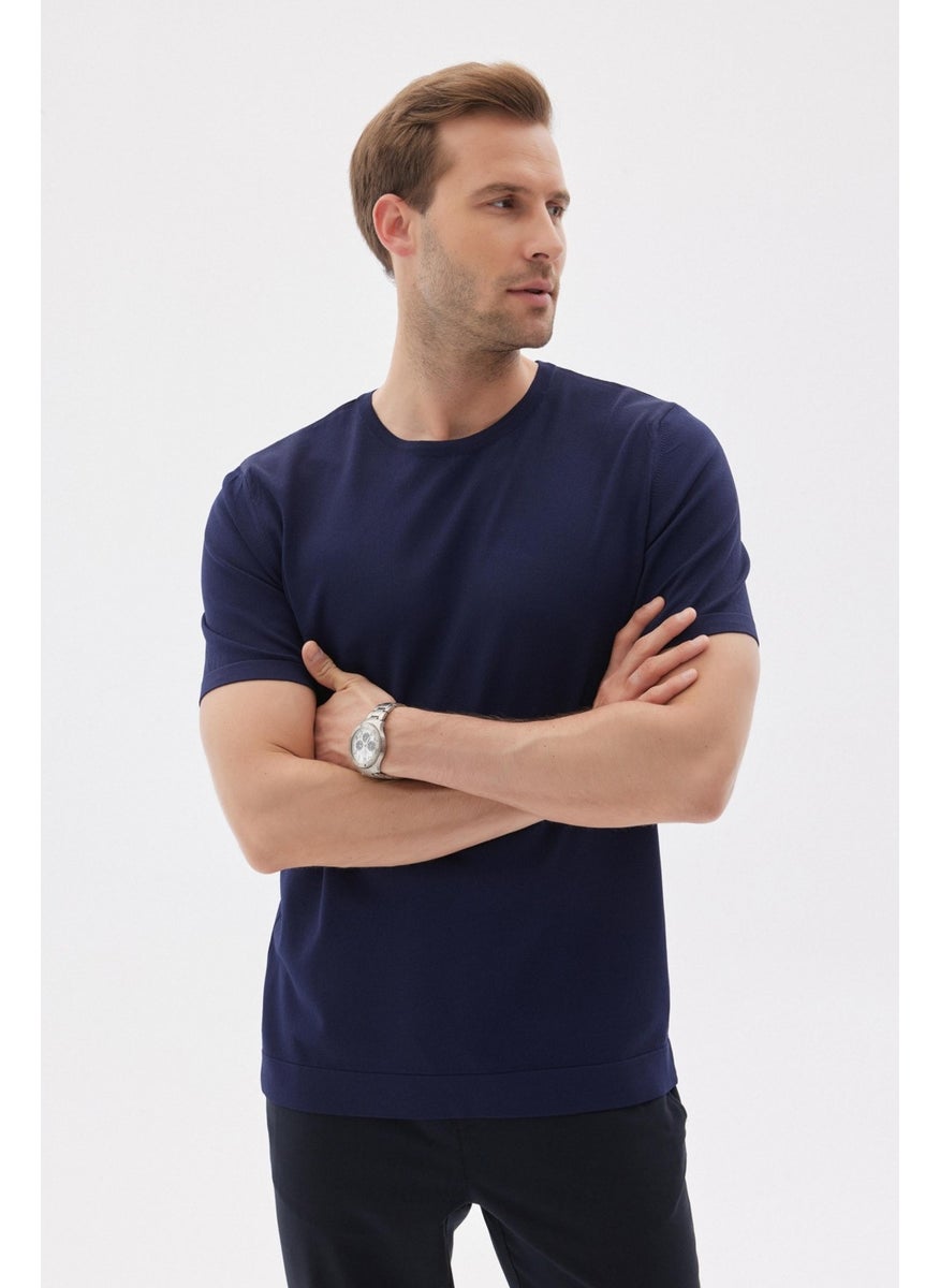 Odelon - Limited Men's Plain Short Sleeve Rayon Knitwear T-Shirt Navy Blue - Image 1
