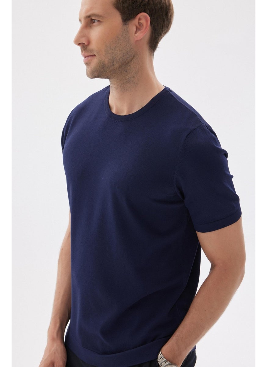 Odelon - Limited Men's Plain Short Sleeve Rayon Knitwear T-Shirt Navy Blue - Image 1