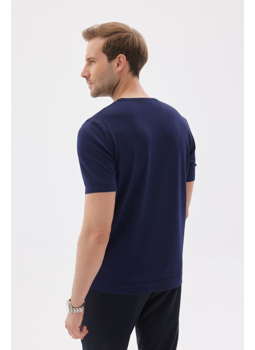 Odelon - Limited Men's Plain Short Sleeve Rayon Knitwear T-Shirt Navy Blue - Image 1
