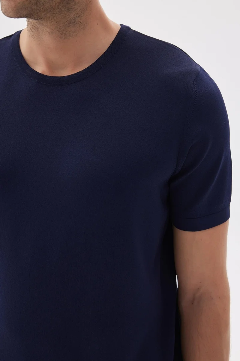 اوديلون Limited Men's Plain Short Sleeve Rayon Knitwear T-Shirt Navy Blue