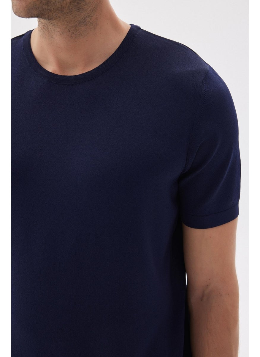 Odelon - Limited Men's Plain Short Sleeve Rayon Knitwear T-Shirt Navy Blue - Image 1
